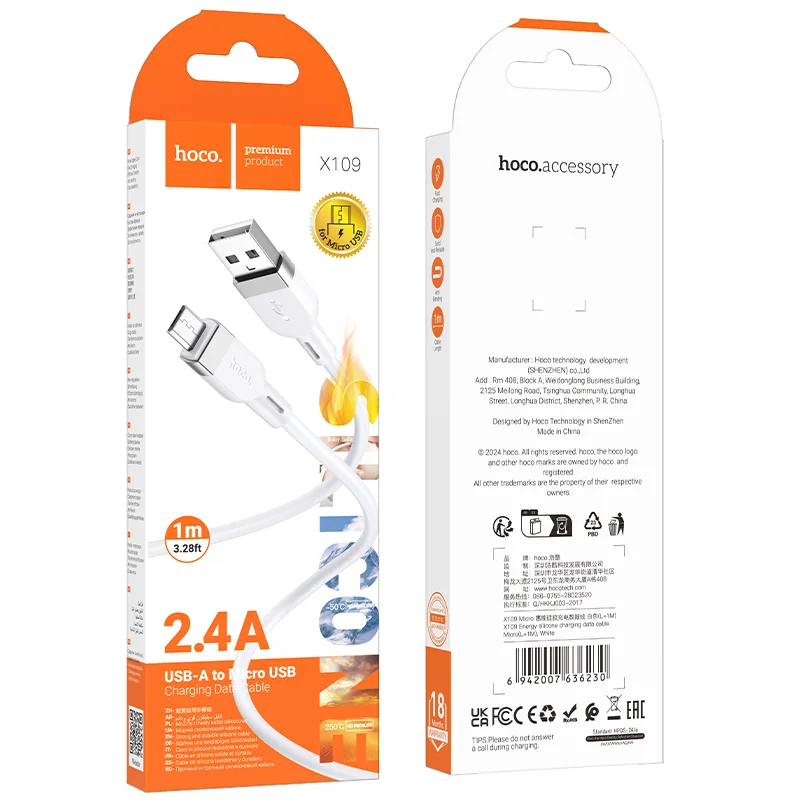 X109 CABLE USB-A A MICRO BLANCO 2.4A L=1M