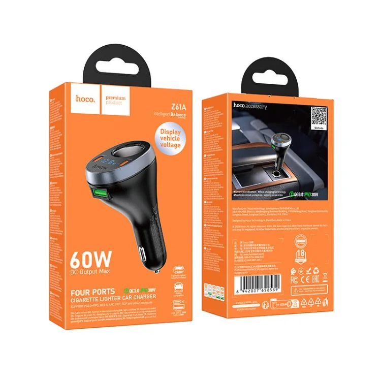 Z61A CARGADOR AUTO ENCENDEDOR PD60W 2C1A NEGRO