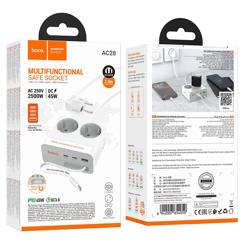 AC28 CARGADOR ESCRITORIO2ENCHUFES PD45W/3C1A CABLE TELECOPICO 2M BLANC
