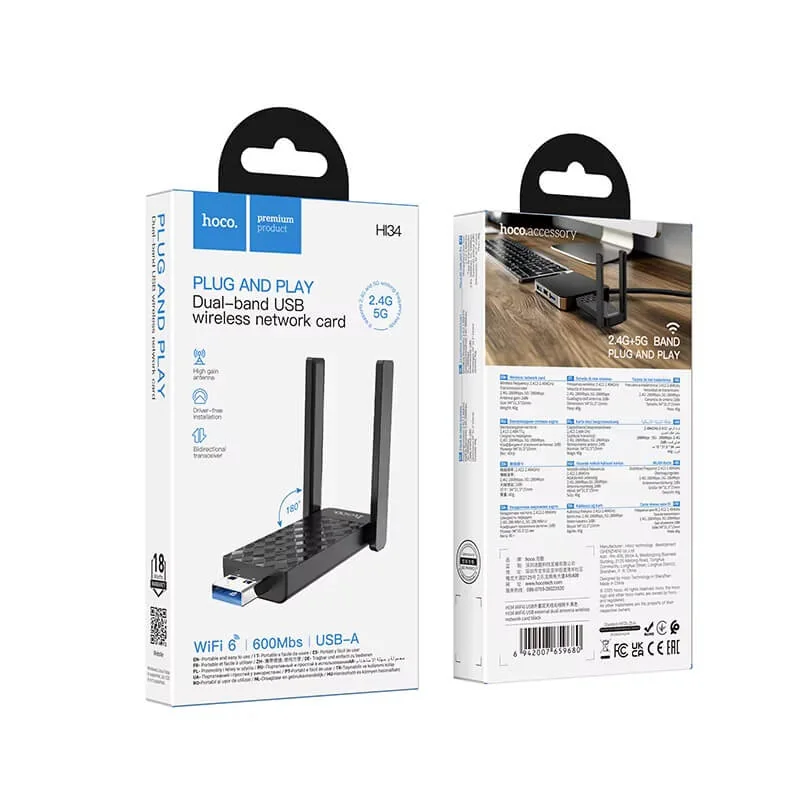 HI34 ADAPTADOR USB WI-FI 6 DOBLE BANDA 2.4/5GHZ CON DOBLE ANTENA